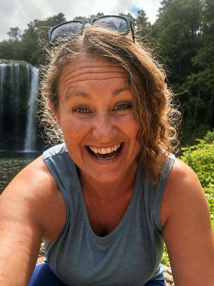 Dani laughing in front of a waterfall