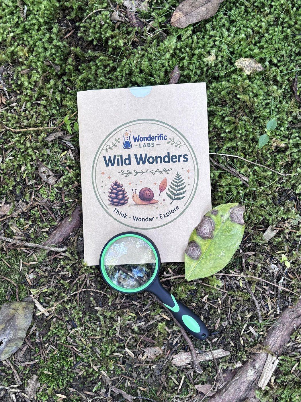 The Wild Wonders pack on the forest floor with a magnifying glass and two snails resting on a leaf